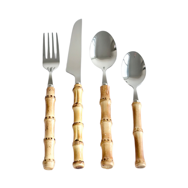 Bamboo Handle Stainless Steel Flatware Set (Soup Spoon, Dinner Fork, Dinner Knife, Dessert Spoon)