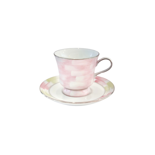 Brushstrokes in Pink and Green Cup and Saucer (Pink Tea Cup)