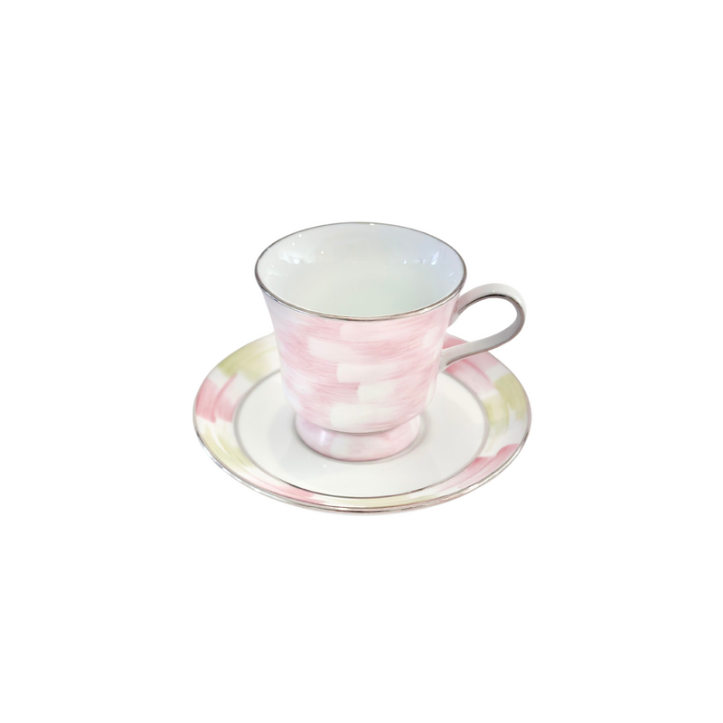 Brushstrokes in Pink and Green Cup and Saucer (Pink Tea Cup)