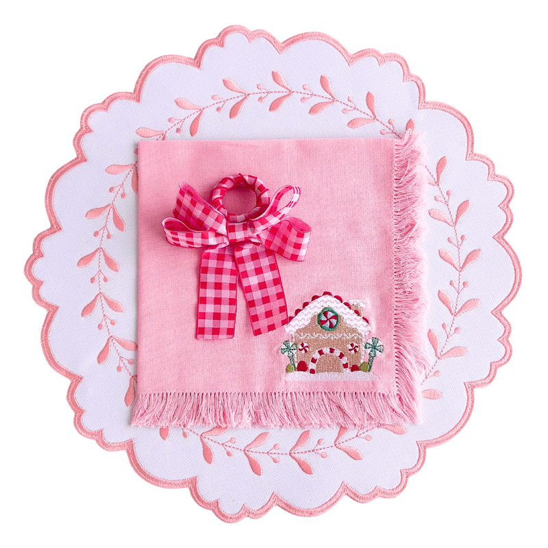 Candy Cane Bliss Table Set with Gingham Bows - (Set of 4 Placemats, 4 Napkins and 4 Gingham Napkin Bows)