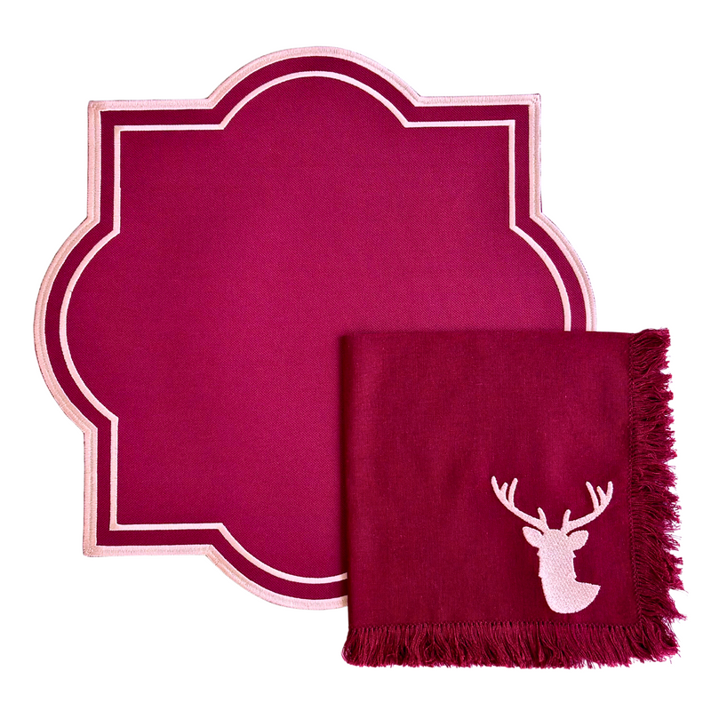 Festive Fringe Deer Christmas Table Set - (Set of 4 Placemats and 4 Napkins)