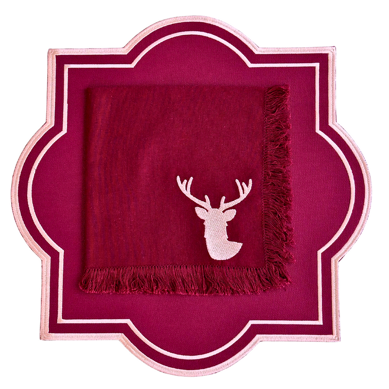 Festive Fringe Deer Christmas Table Set - (Set of 4 Placemats and 4 Napkins)