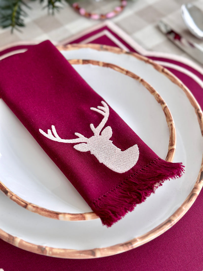 Burgundy Bliss Fringed Reindeer Napkin