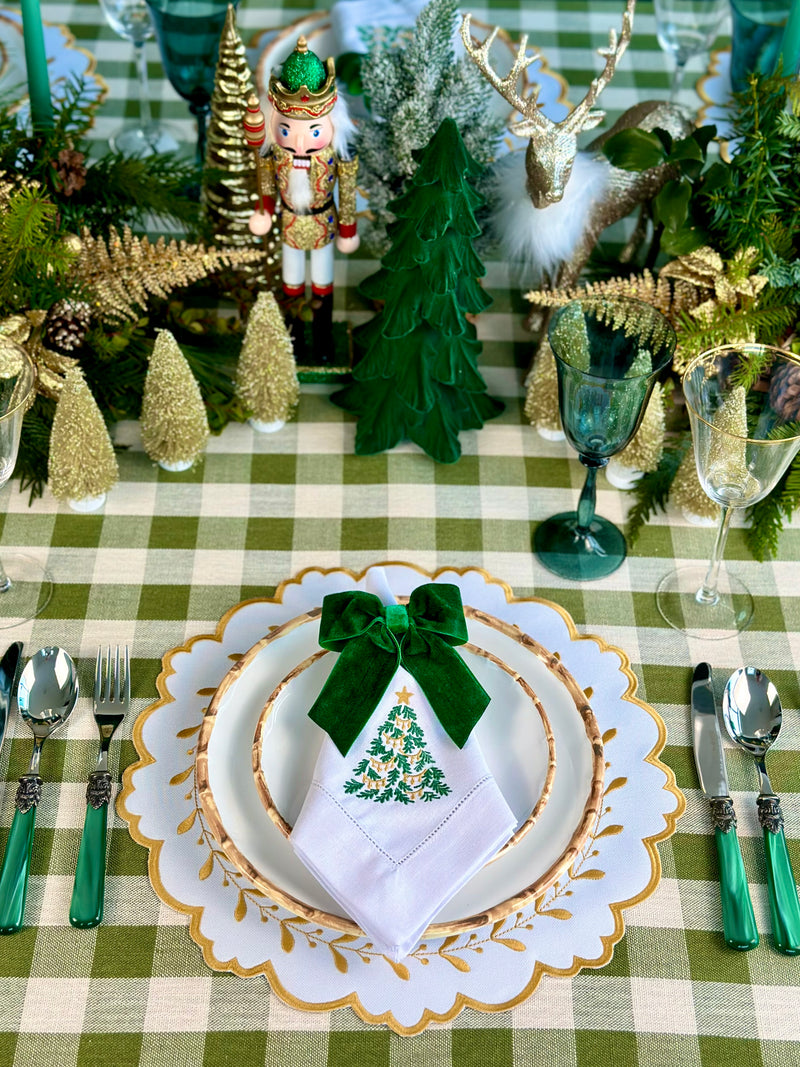 Christmas Tree Table Set with Velvet Napkin Bows - (Set of 4 Placemats, 4 Napkins and 4 Velvet Napkin Bows)