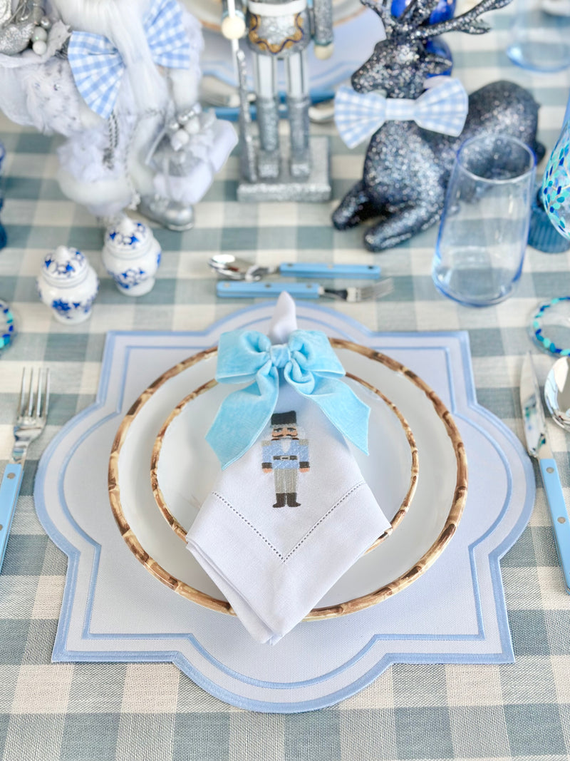 Enchanted Blue Nutcracker Table Set with Velvet Napkin Bows - (Set of 4 Placemats, 4 Napkins and 4 Velvet Napkin Bows)