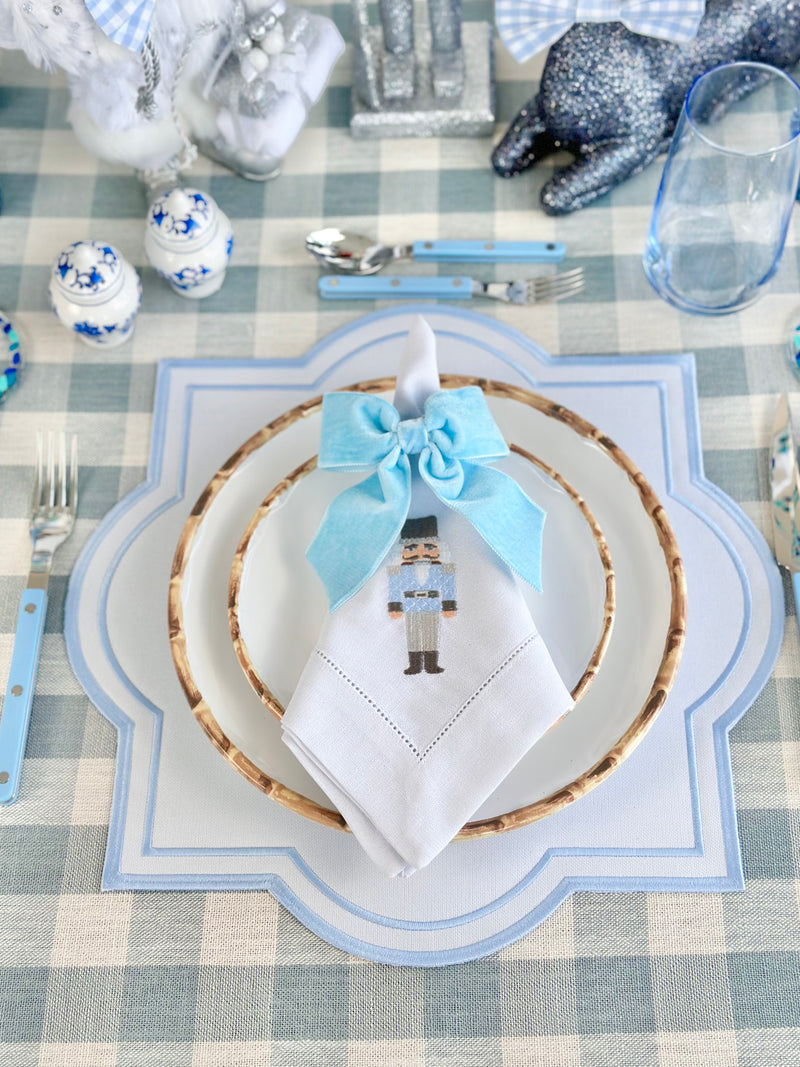 Enchanted Blue Nutcracker Table Set with Velvet Napkin Bows - (Set of 4 Placemats, 4 Napkins and 4 Velvet Napkin Bows)