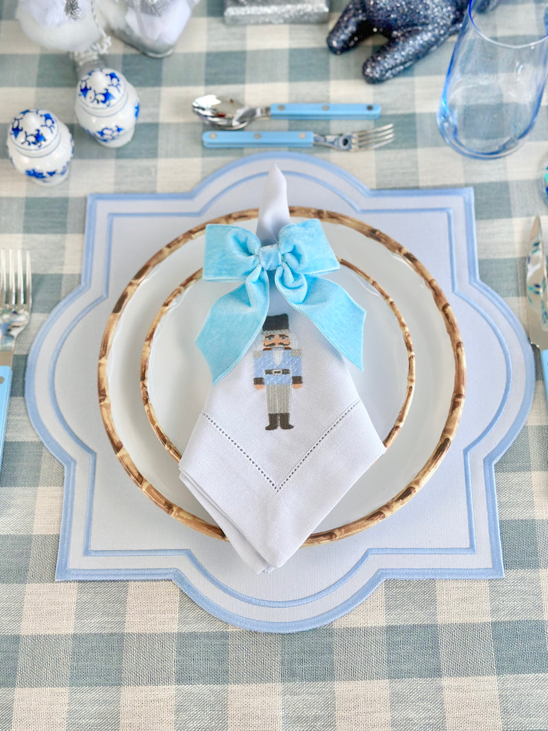 Enchanted Blue Nutcracker Table Set with Velvet Napkin Bows - (Set of 4 Placemats, 4 Napkins and 4 Velvet Napkin Bows)