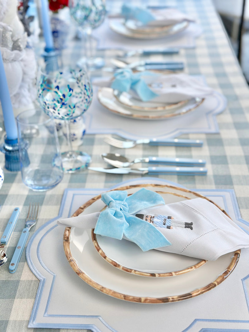 Enchanted Blue Nutcracker Table Set with Velvet Napkin Bows - (Set of 4 Placemats, 4 Napkins and 4 Velvet Napkin Bows)